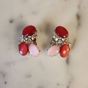 BSK | Cherry & Pink Thermoset | Rhinestone Flowers | Clip-On Earrings | 1960's